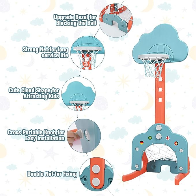 Costzon Kids Basketball Hoop, Toddler Sports Activity Center w/ 5 Adjustable Height Levels, Basketball Soccer Golf Game Set, Indoor Outdoor Basketball Hoop Set Gift for Baby Infant-CubbioJoy