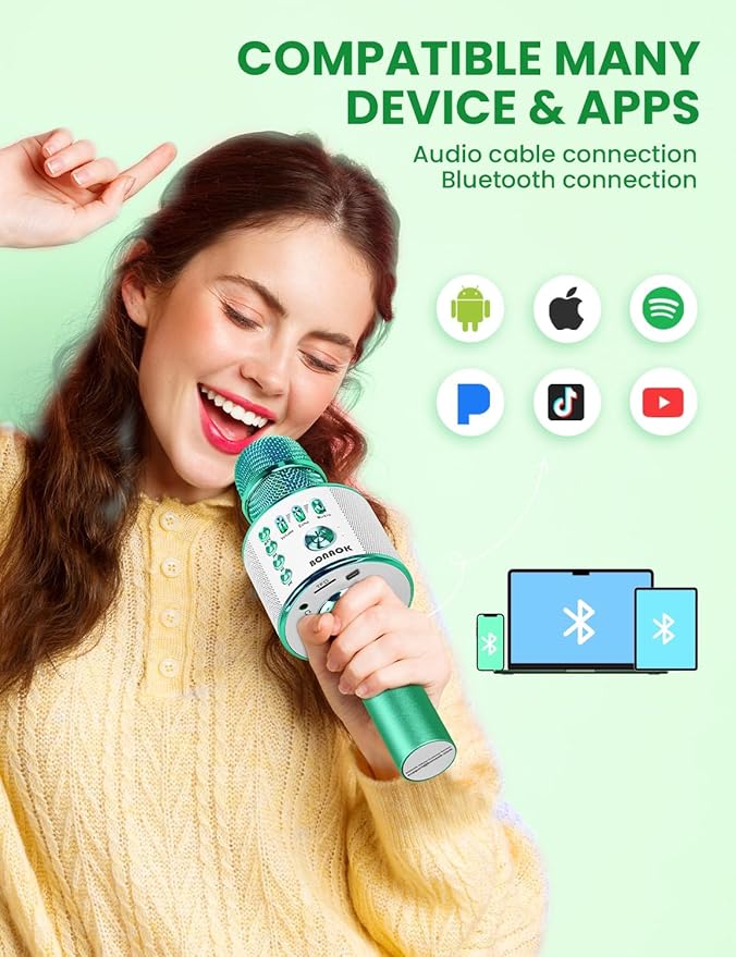 BONAOK Wireless Bluetooth Karaoke Microphone, 3-in-1 Portable Handheld Mic Speaker for All Smartphones, Gifts for Boys Kids Adults All Age Q37(Green)-CubbioJoy