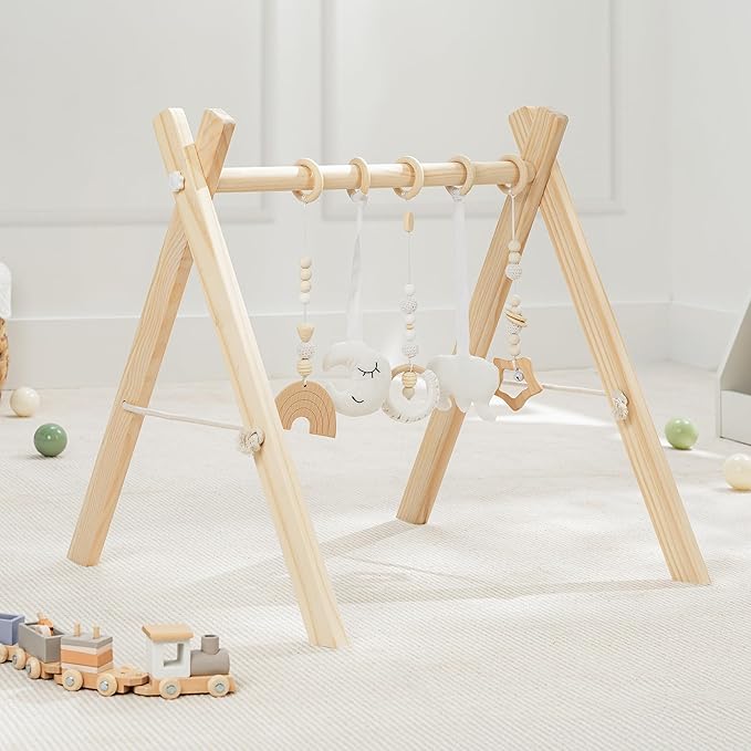 Comfy Cubs Wooden Baby Play Gym - Natural Finish Pinewood Baby Activity Gym with 5 Sensory Hanging Toys - Easy No-Tool Assembly, Safe and Durable for Infant Motor and Visual Development - Natural Wood-CubbioJoy