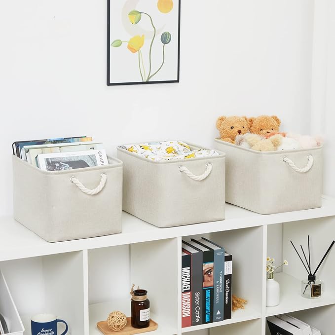 Bidtakay Baskets Collapsible Large Toy Storage Baskets for Organizing Set of 3 Closet Organizer Linen Cream Storage Bins 15 X 11 X 9.5 Inch Shelf Organizer Bins for Nursery Storage (Light Beige)-CubbioJoy
