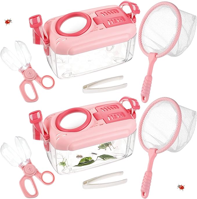 2 Set Bug Catcher for Kids- Educational Bug Catching Kit Including Butterfly Net, Insect Clip, Tweezer, Outdoor Toys for Kids Ages 3-10 (Pink)-CubbioJoy