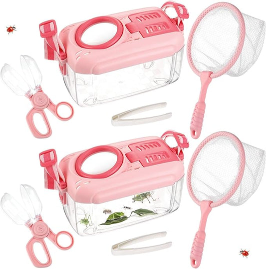 2 Set Bug Catcher for Kids- Educational Bug Catching Kit Including Butterfly Net, Insect Clip, Tweezer, Outdoor Toys for Kids Ages 3-10 (Pink)-CubbioJoy