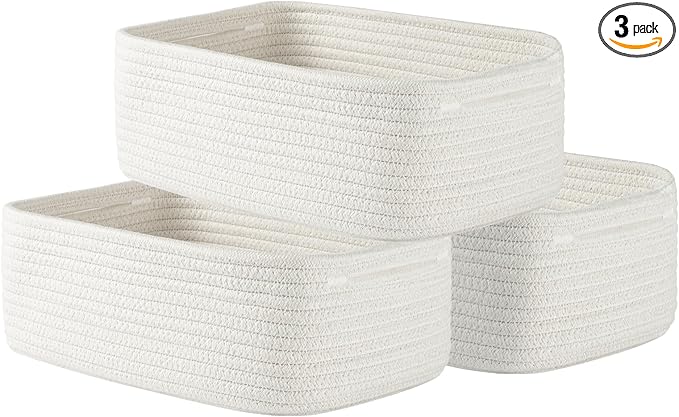 KALLAX Small Woven Basket, 12 x 8 x 4.5 Inches, Storage Basket for Organizing, Cute Small Rope Shelf Closet Cube Storage Bins Baskets for Shelves, Dog Toy Gift Baskets Empty, 3 Packs, Off White-CubbioJoy
