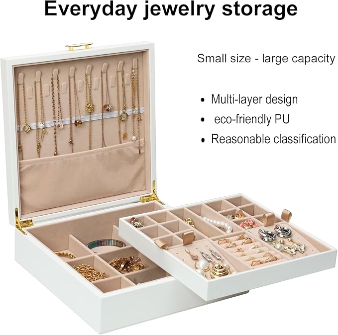 Jewelry Box Organizer for Women,White 2 Layer jewelry Stoarge Case,Built in Necklace Hook and Detachable Jewelry Tray,Indoor Jewelry Display Box-CubbioJoy