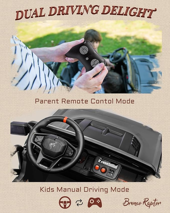 24V Ride on Toys for Big Kids, Licensed Ford Bronco Raptor Electric Car 2 Seater with Remote Control, Kids Ride on Cars w/ 2-Seater, 4.3 Mph Max Speed, Soft Start Function (24V, Black)-CubbioJoy