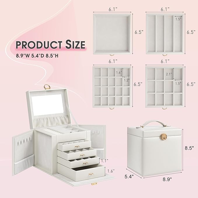 5-Layer Jewelry Box with 4 Drawers, Huge Portable Jewelry Organizer with Lock and Mirror for Women, for Necklace Ring Earring Bracelet Storage, Lockable Jewelry Case, White-CubbioJoy