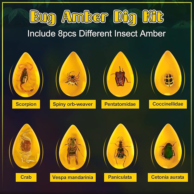 Bigger Amber Dig Kit - 8 Different Artificial Insect Resin,Excavate Unique Insect Specimens,Bugs Toys Educational Science Kits Toys for Kids,STEM Projects Gift for Girls & Boys Age 6-8-12-14 Year Old-CubbioJoy