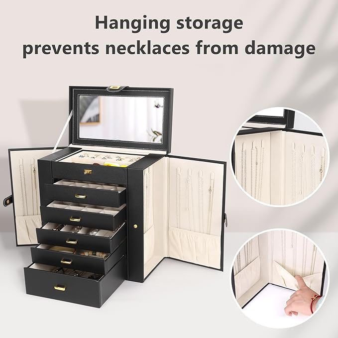 Kendal Extra Large Jewelry Box Jewelry Case PU Leather 6 Tier 5 Drawers Large Storage Capacity with Mirror Jewelry Storage Organizer Great Gift Also Good For Watches LJC-SHD5BK (black)-CubbioJoy