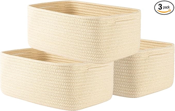 KALLAX Small Woven Basket, 13.5 x 9.5 x 5 Inches, Storage Basket for Organizing, Cute Small Rope Shelf Closet Cube Storage Bins Baskets for Shelves, Dog Toy Gift Baskets Empty, 3 Packs, Beige-CubbioJoy