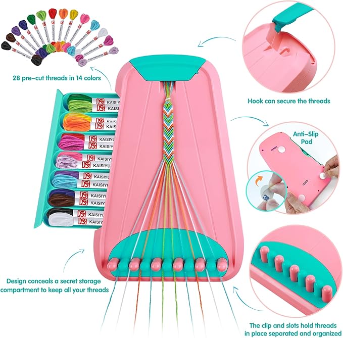 Arts and Crafts for Kids Ages 8-12,Friendship Bracelet Making Kit for Girl,Kids Jewelry Making Kit with 28 Pre-Cut Threads,Christmas Birthday Gifts for Ages 6 7 8 9 10 11 12 Year Old Pink/Cyan-CubbioJoy