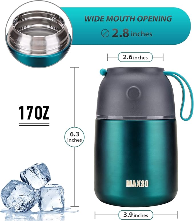 Insulated Thermo Food Jar for Hot & Cold Food for Kids Adult, 17 oz Soup Thermal Hot Food Containers for Lunch, Triple Layer Insulation Stainless Steel Food Jar with Spoon (Green)-CubbioJoy