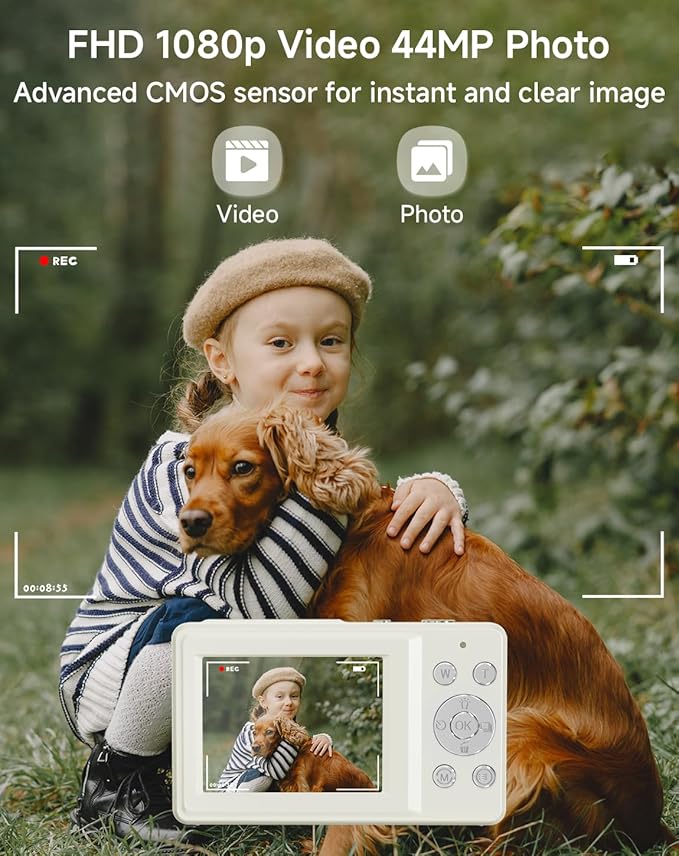 Digital Camera for Kids, FHD 1080P 44MP Point and Shoot Digital Camera with Face Detect, Smile Capture, 18X Zoom, 20 Filters, Anti Shake, 32GB SD Card White Compact Vintage Camera for Kids Boys Girls-CubbioJoy