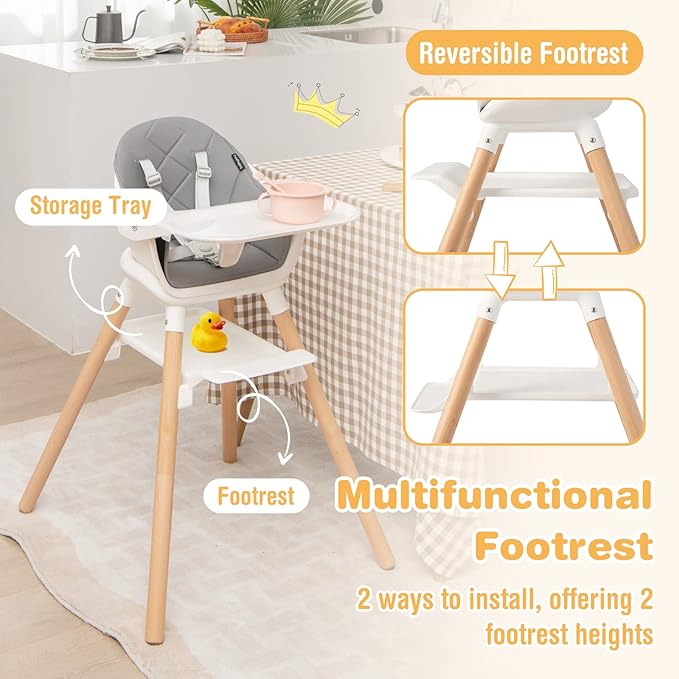 BABY JOY Baby High Chair, 6 in 1 Convertible Wooden High Chair for Babies & Toddlers with Adjustable Legs, Double Removable Tray, Safety Harness & Waterproof PU Cushion (White)-CubbioJoy