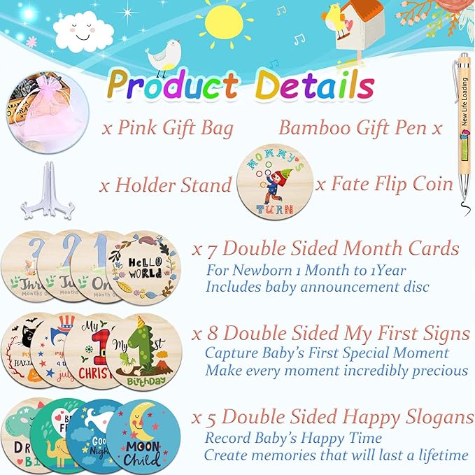 42 Designs First Year Milestones,Wooden Baby First Holiday Signs,Baby Monthly Milestone Photo Props for Newborn to Age 1,Pregnancy Baby Shower Cards (First Holiday Milestone)-CubbioJoy