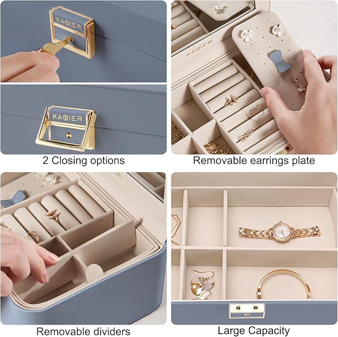 KAMIER Jewelry Organizer Box, 2 Layers PU Leather, Large Capacity, Double Lock and Large Mirror, Hidden Necklace Hooks, Removable Dividers, Gift Box Packaging,Bluish Grey-CubbioJoy