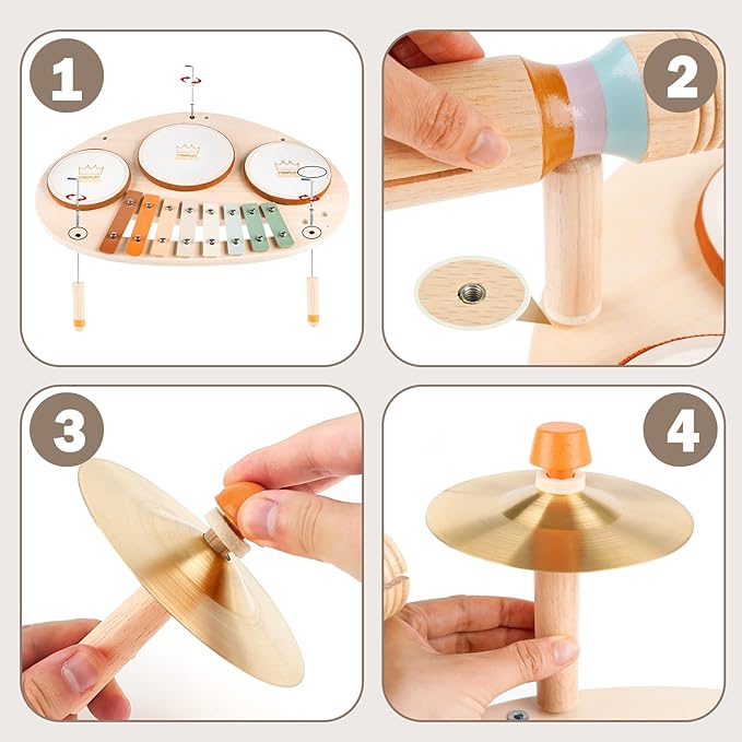 Drum Set - 9 in 1 Musical Instruments for for Toddlers 3+, Wooden Montessori Toys for Boy & Girls Easter Birthday Gifts, Musical Drum Set with Xylophone for Kids 3 4 5 6-CubbioJoy