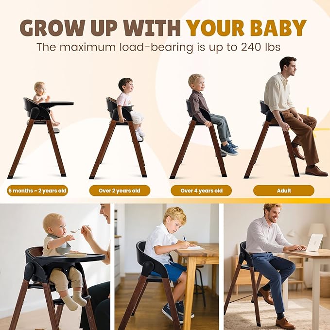 Adjustable High Chair with Removable Tray, Easy to Clean, Portable. 6 Months up to 240 Lb (Black Brown)-CubbioJoy