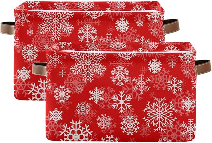 Christmas White Snowflakes on Red Storage Basket Cube Storage Bins Organizer Bag Collapsible Closet Shelf Baskets with handle for Baby Cloth Pet Toy Book 14.2×10.2×8.3 IN-CubbioJoy
