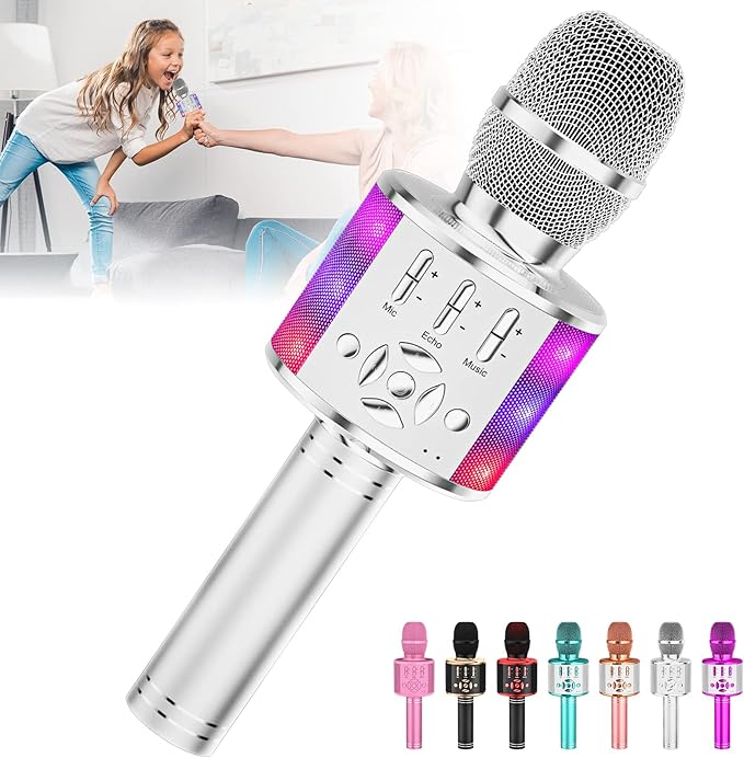 Amazmic Kids Karaoke Microphone Machine Toy Bluetooth Microphone Portable Wireless Karaoke Machine Handheld with LED Lights, Gift for Children Adults Birthday Party, Home KTV(Silver)-CubbioJoy