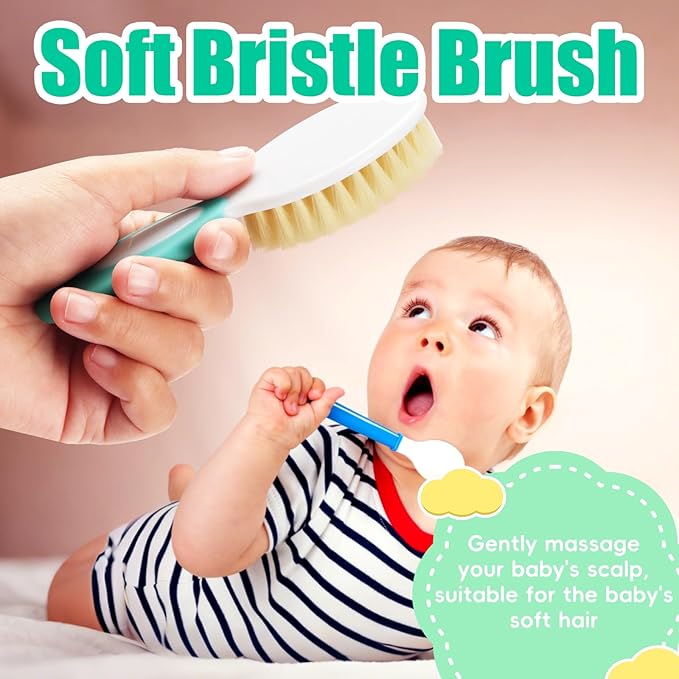 Baby Hair Brush and Comb Set, 4Pcs Baby Soft Bristles Hairbrush Cradle Cap Brush Hair Comb for Newborns Toddlers Boys Girls (Green)-CubbioJoy