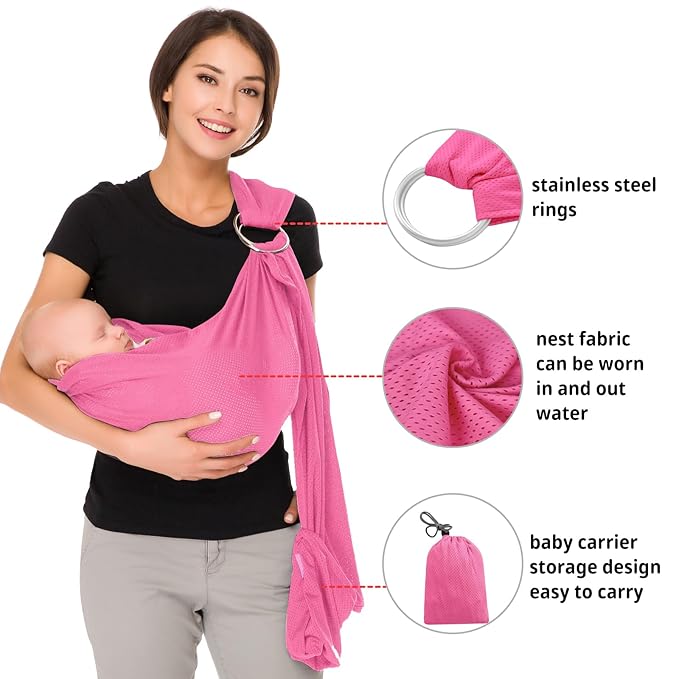 CUBY Water Baby Sling Carrier Lightweight Breathable Mesh Baby Wraps Carrier Adjustable Ring Sling Quick-Drying Baby Carriers Sling for Newborn Toddler Summer Swimming Pool Beach (Pink)-CubbioJoy