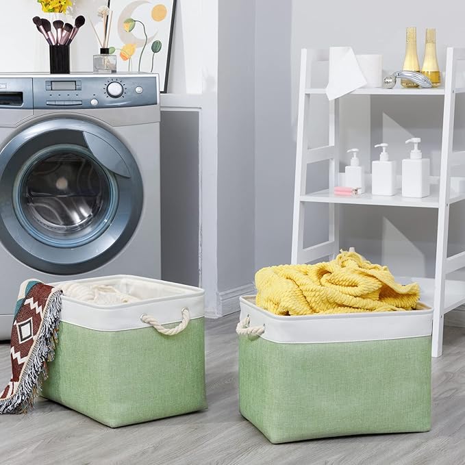 Bidtakay Baskets Fabric Closet Organizer Set of 2 Green Collapsible Storage Bins with Handles 16x12x12 in Large Decorative Tall Baskets for Shelves Nursery Baby Toys Storage Living Room Decor-CubbioJoy