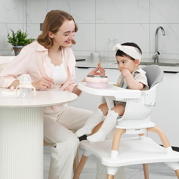 Baby High Chair, 7 in 1 Convertible High Chairs for Babies and Toddlers, Kids Learning Table, Building Block Table, Toddler Dining Chair with 360° Rotating Seat, 5-Point Safety Harness (Grey)-CubbioJoy