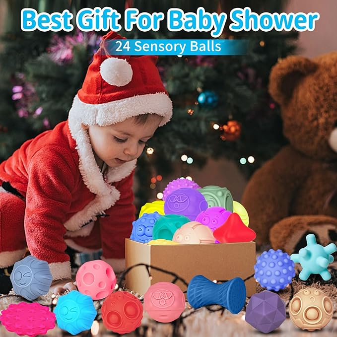 24 Pcs Sensory Balls for Toddlers, Sensory Baby Toys, Montessori Toy for Babies Squeeze, Infant Toys Soft Multi Ball Set Gifts with Bright Color Textured-CubbioJoy