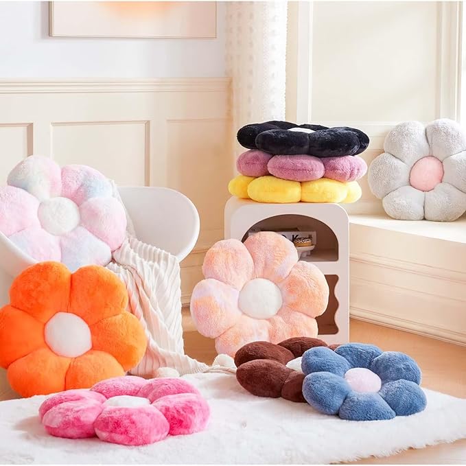 Beige Flower Pillow, Cute Decorative Flower Shaped Throw Pillow with Faux Rabbit Fur, 14.9" Soft Flower Plush Throw Pillow Floor Pillows Room Décor for Bedroom Living Room-CubbioJoy