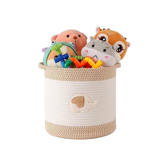 INough Toy Storage Baskets Woven Cotton Rope Storage Basket for Kids, Blanket Baskets for Living Room Toy Basket Box Toys Organizer with Embroidery Decor Cute Baskets for Nursery, Playroom (Elephant)-CubbioJoy