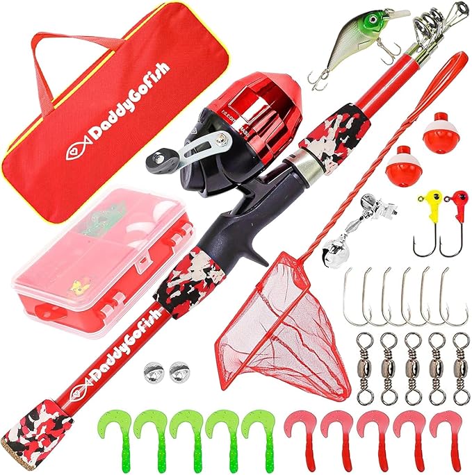 DaddyGoFish Kids Fishing Pole - Rod Reel Combo Tackle Box Starter Set - First Year Small Gear Kit for Boys Girls Toddler Youth Age Beginner Little Children-CubbioJoy