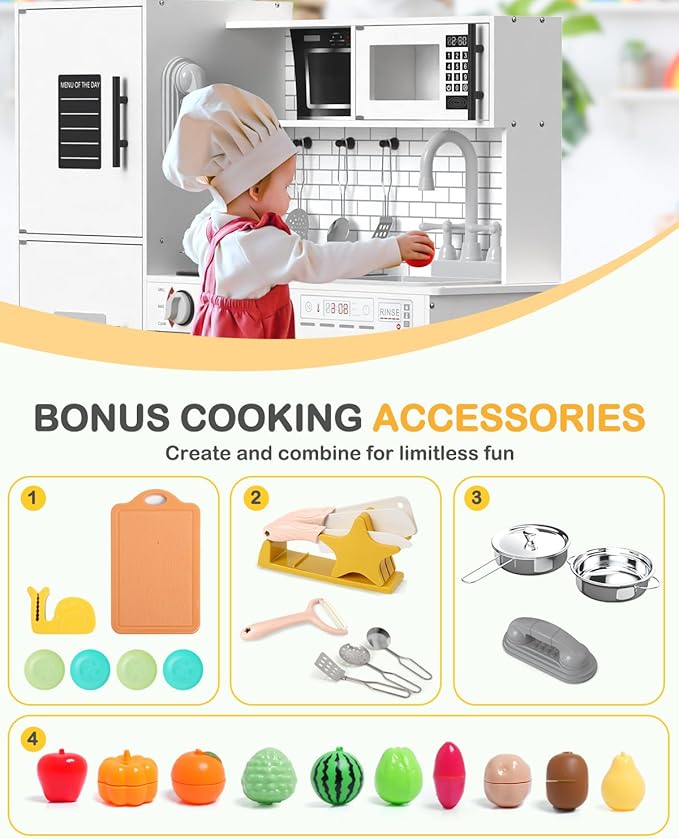 Babytronic Wooden Kitchen Playset for Kids, Interactive Play Kitchen with Lights & Sounds, Children Pretend Toy Kitchen Set with Faucet, Oven, Microwave, Kitchenware for Toddlers Ages 3+ (White)-CubbioJoy