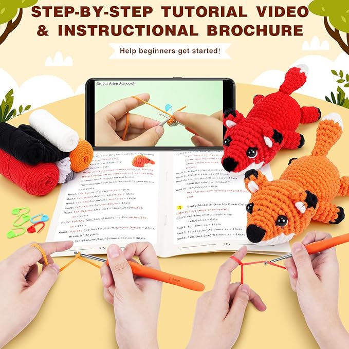 Crochet Kit for Beginners - 2 PCS Fox Crochet Kits with Step-by-Step Video Tutorials, Beginner Crochet Kit for Adults, Crochet Animal Kit for Kids, Crochet Fox Set (Orange & Red)-CubbioJoy