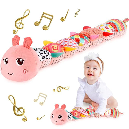 Infant Baby Musical Stuffed Animal Activity Soft Toys with Multi-Sensory Crinkle, Rattle and Textures for 0-3-6-12 Months Developmental Toys, Caterpillar, Pink-CubbioJoy