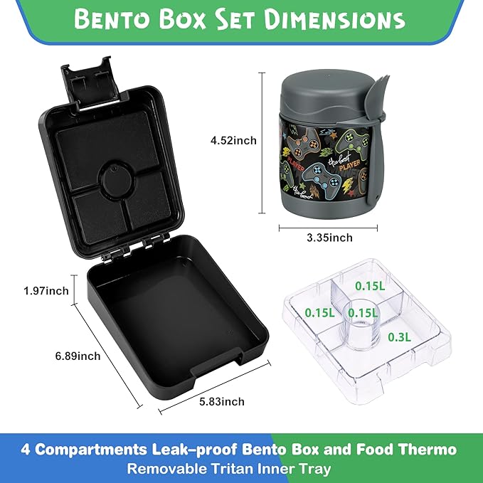Bento Lunch Box Set With 10oz Soup Thermo, Leak-proof Lunch Containers with 4 Compartment, Kids Hot Thermo Food Jar/Insulation Lunch Bag, Food Containers for School (Black-Games)-CubbioJoy