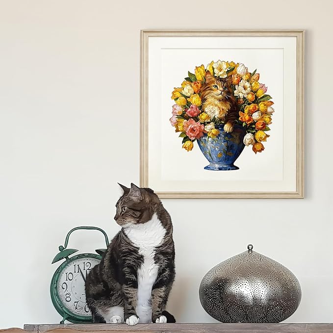 Jigfoxy Wooden Puzzles for Adults, The Vase Cat Wood Puzzles Adult, Unique Animal Shape Wooden Jigsaw Puzzles for Adults, Birthday Gifts for Puzzle Lovers, Family, Friend (S-7.4 * 7.7in-86pcs)-CubbioJoy