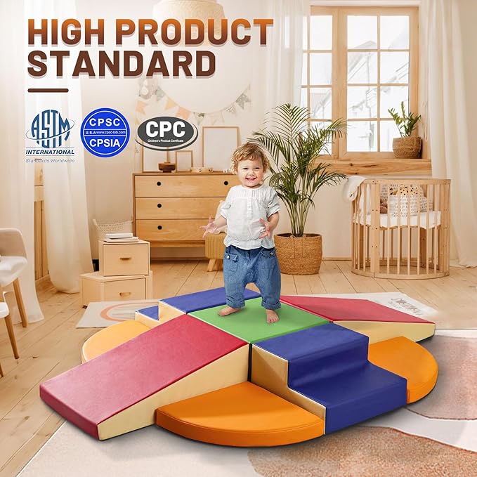 9-Piece Climbing Foam Blocks: Soft PU Leather - Baby Climb and Crawl Activity Blocks - Kids Play Gym Equipment Indoor for Development-CubbioJoy