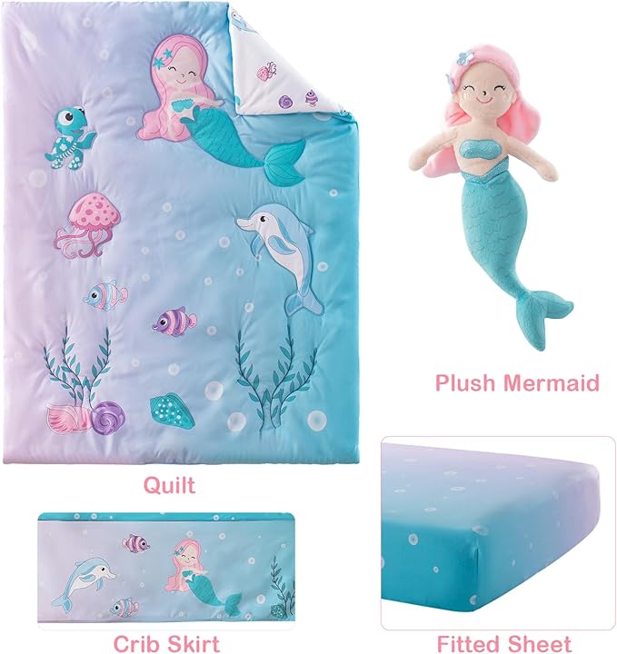 4 Piece Crib Bedding Set for Boys Girls, Infant Toddler Nursery Baby Bedding Sets Includes Cartoon Quilt, Fitted Crib Sheet, Crib Skirt and Plush Mermaid Toy-CubbioJoy