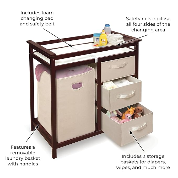 Badger Basket Modern Baby Changing Table with Laundry Hamper, 3 Storage Drawers and Pad, Diaper Change Station - Cherry/Ecru-CubbioJoy