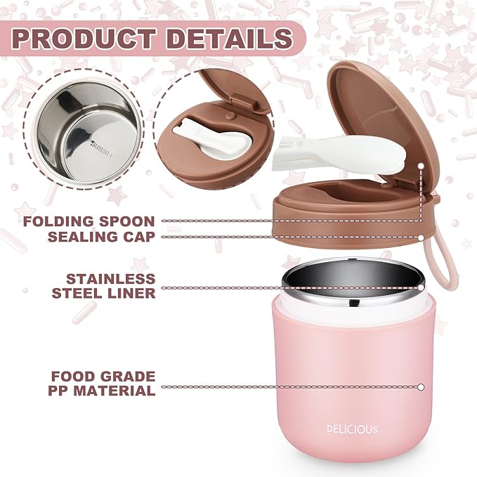 3 Pcs Insulated Food Container for Kids 15.2 oz Portable Stainless Steel Vacuum Insulated Kids Food Jar Leakproof Wide Mouth Soup Containers with Lids and Folding Spoon for Adults Kids-CubbioJoy