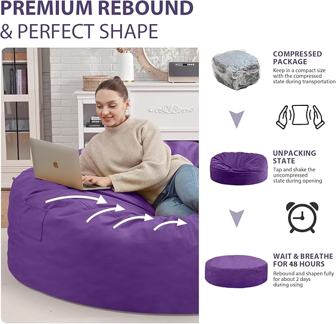 7FT Bean Bag Chair, Large Bean Bag Chairs with Memory Foam Filled, Fluffy Beanbag Sofa with Dutch Velvet Cover, Round BeanBag Chairs for Living Room, Playroom - Purple-CubbioJoy