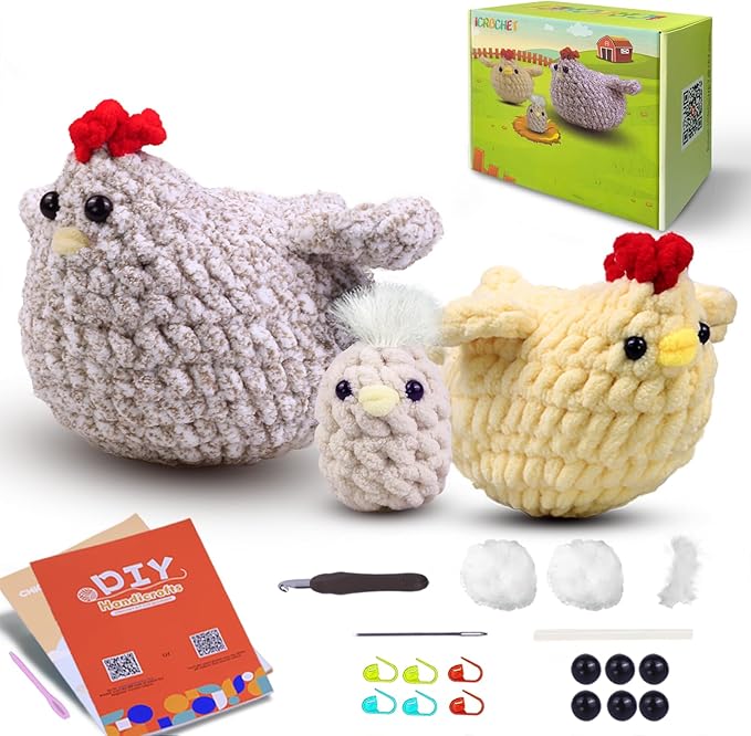 Crochet Kit for Beginners,Chicken Crochet Starter Kit with Step-by-Step Video Tutorials,Crochet Animal Kits for Adults Kids,Chicken Crocheting Set Complete Included-CubbioJoy