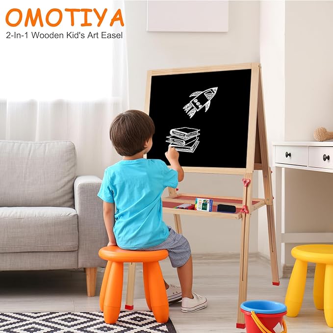 Adjustable Wooden Easel for Kids, Foldable Standing Art Easel for 3, 4, 5, 6, 7, 8 Years Old with Accessories, Drawing Painting Gifts for Boys & Girls Toddlers, Great Presents for Birthday-CubbioJoy