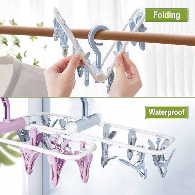 Clothes Drying Hanger with 12 Clips, 2 Pack Folding Portable Hanging Drying Rack,Drip Foldable Hanging Rack, 360° Rotatable Hook for Drying Towels Bras Baby Clothes Gloves Plastic(Blue&Purple)-CubbioJoy