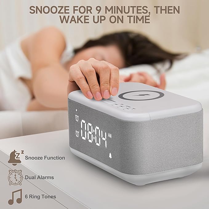 Alarm Clock Speaker Wireless Charger, Digital Alarm Clocks Bedrooms Bluetooth, Alarm Clock Dimmable Light Bedrooms Dual Alarm Snooze Dimmer 12 24H RGB Night Light Bluetooth USB AUX, Gray-CubbioJoy