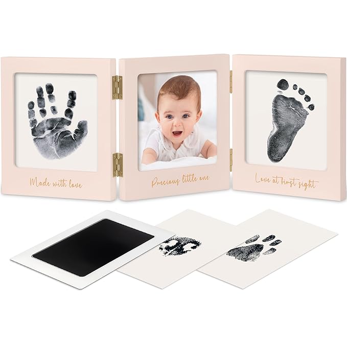 Inkless Baby Handprint and Footprint Kit for Newborn - Baby Footprint Kit, Newborn Keepsake Nursery Picture Frame,Dog Paw Print Maker,Personalized Gifts for New Mom,Showers & Registry(Petal Pink/Gold)-CubbioJoy
