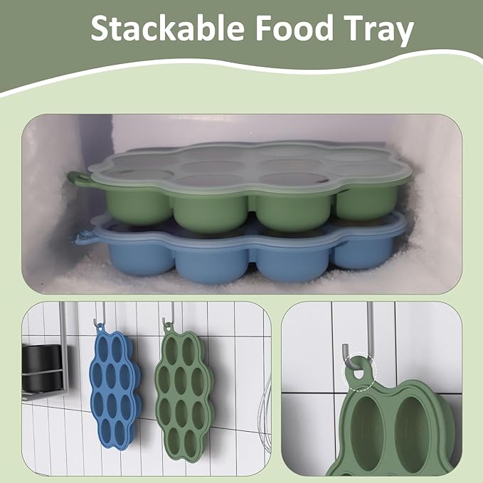 Baby Food Storage Container 2 Pack Silicone Freezer Tray Breast Milk Molds for Homemade Baby Food, Fruit Purees, Vegetable - Keep Your Baby's Meals Fresh and Safe (Matte Blue + Green)-CubbioJoy