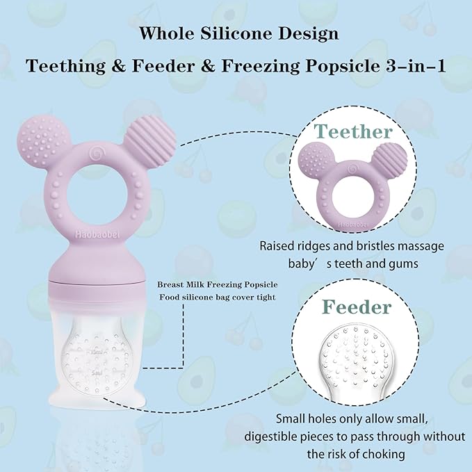 Baby Fruit Feeder, Frozen Teething Toys for Babies, Teether Pacifier with 3 Extra Teats, Eating Essentials, BPA Free Baby Feeding Supplies (Lavender)-CubbioJoy
