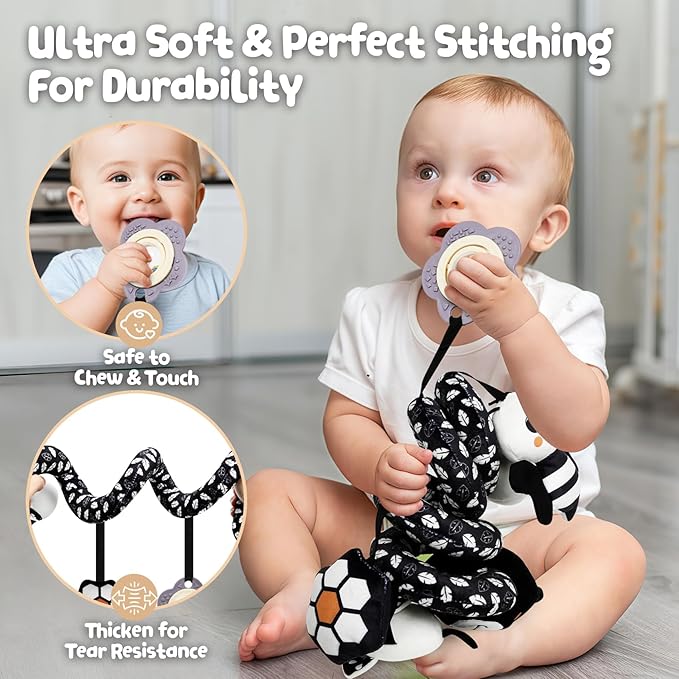 Car Seat Toys for Babies 0-6 Months,Hanging Rattle Toys for Crib Mobile, Baby Spiral Hanging Stroller Black and White High Contrast Toys for Newborn 0 3 6 9 12 Months Baby Boys Girls (Bear)-CubbioJoy