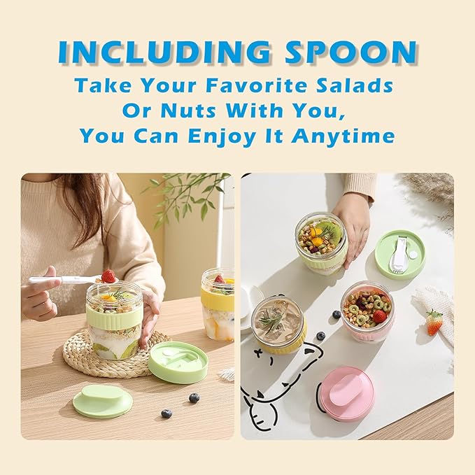 Breakfast On The Go Cups, Overnight Oats Containers With Lid And Folding Spoon, Take And Go Yogurt Cereal Snack Parfait Salad Containers For Lunch, Fruit & Vegetable Jar, 20 oz(Green)-CubbioJoy